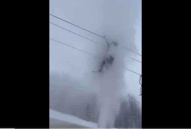 Water Pipe Erupts Under Ski Lift
