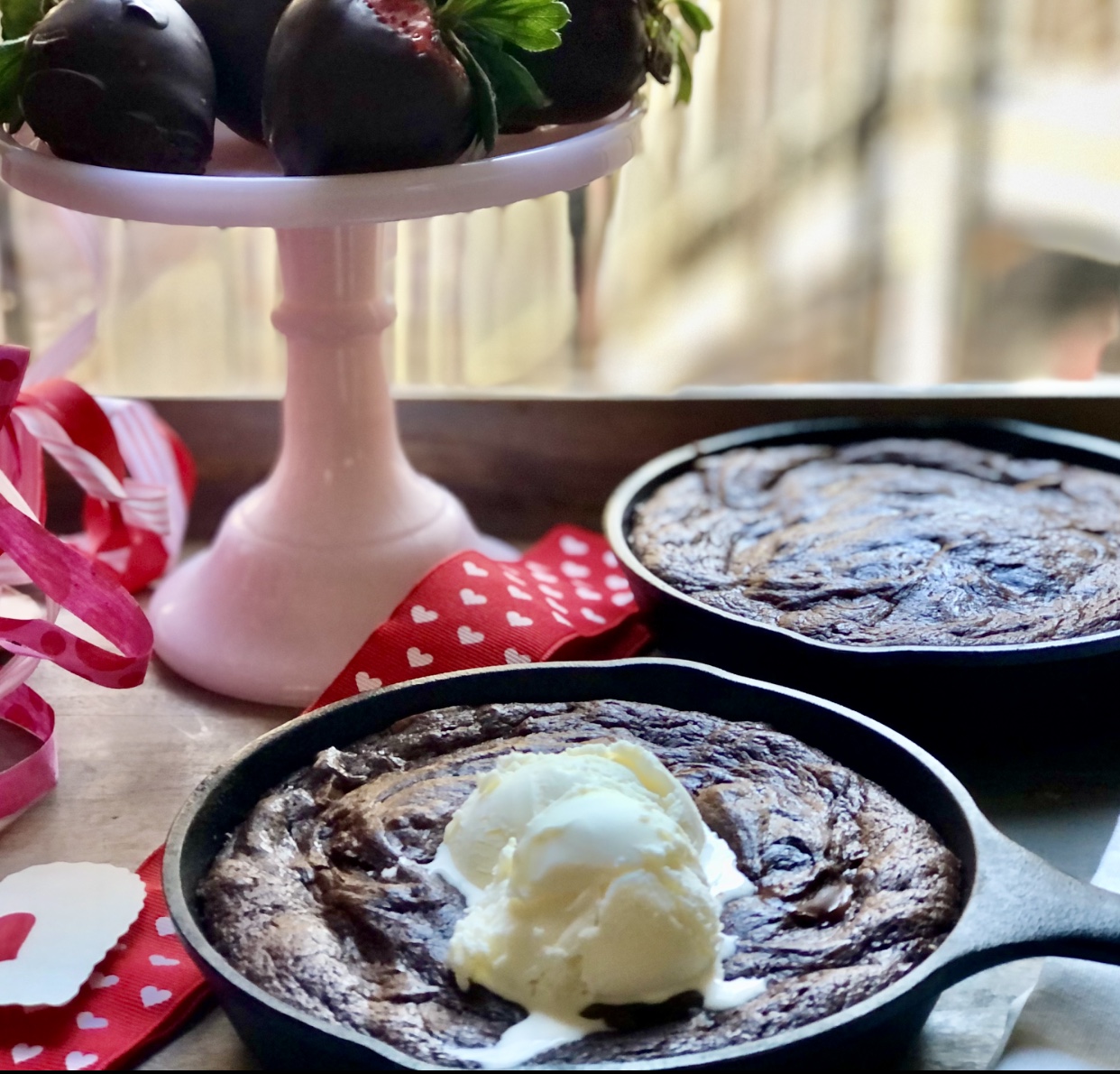 The ultimate fudgy, gooey skillet brownie for 2 and chocolate covered strawberries
