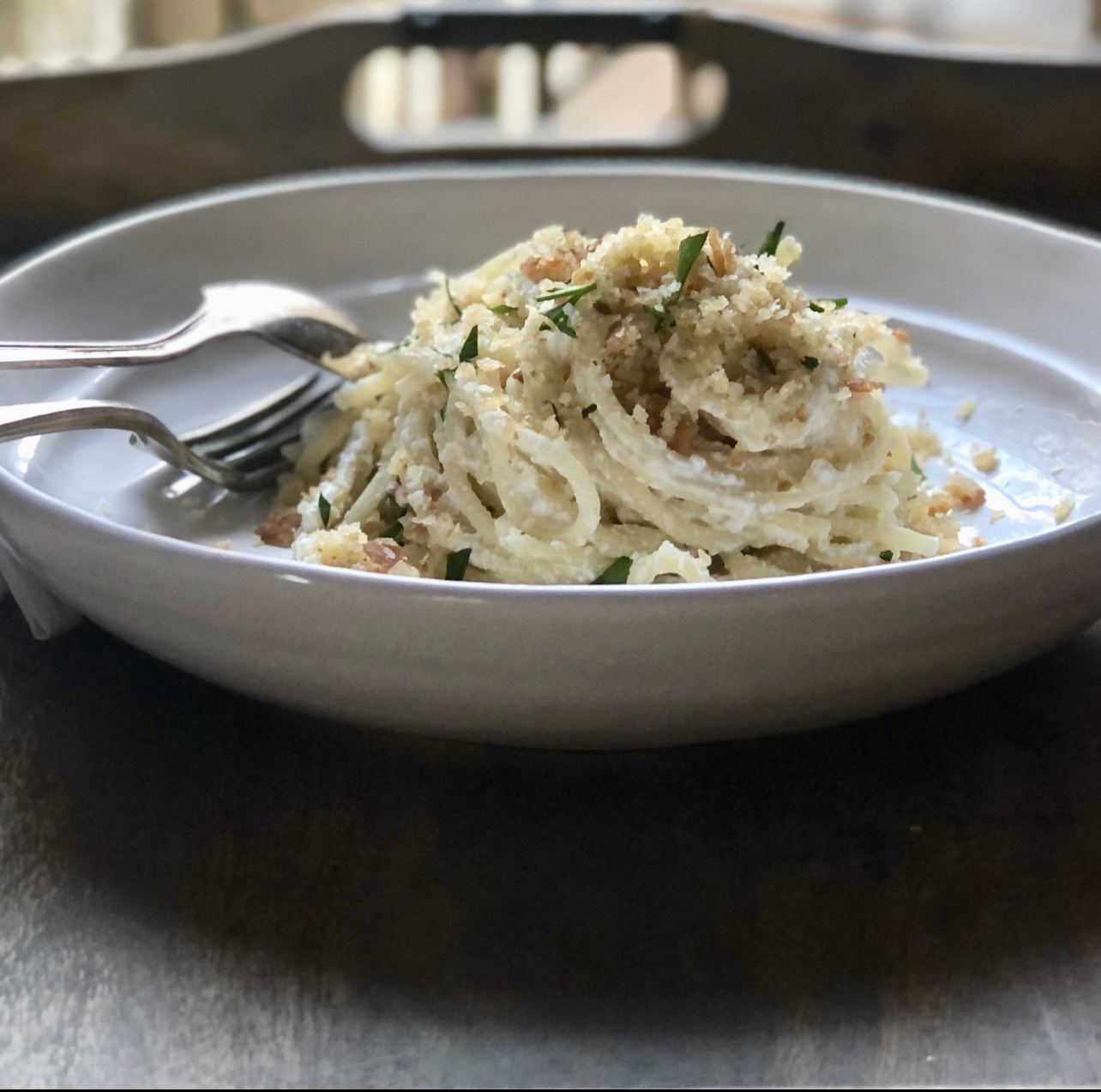 White pasta with garlic parmigiano bread crumbs