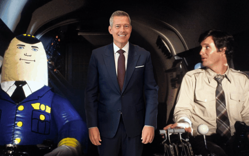 Satirical image showing Secretary of Transportation Sean Duffy standing between the characters Capt. Ted Stryker and the inflatable Co Pilot Otto from the film Airplane, posed inside an aircraft cockpit.