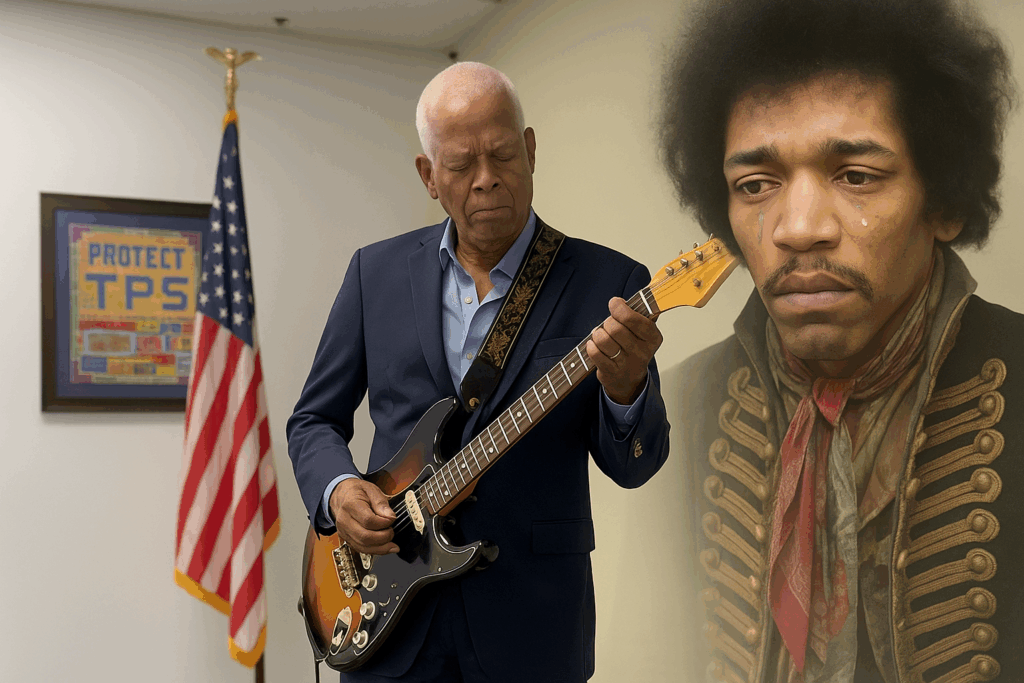 Ghostly image of a sad Jimi Hendrix watching Hank Johnson play guitar in satire illustration