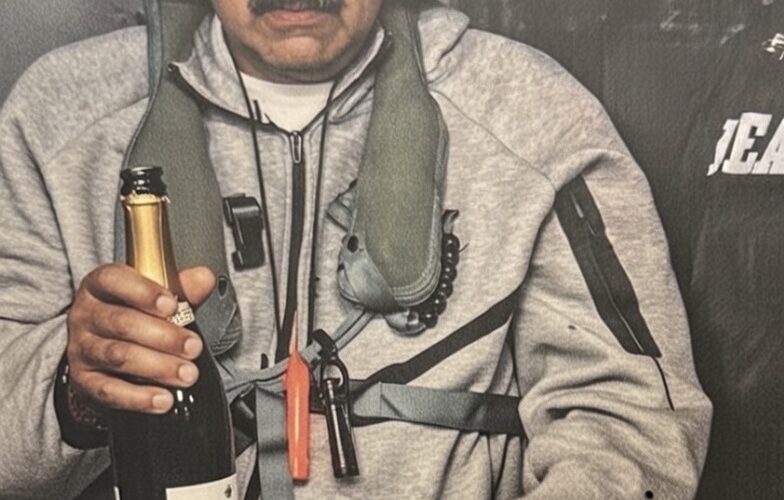 Man in grey sweats wearing a Happy New Year party hat, dark goggles, earmuff style hearing protection, holding a bottle of sparkling wine